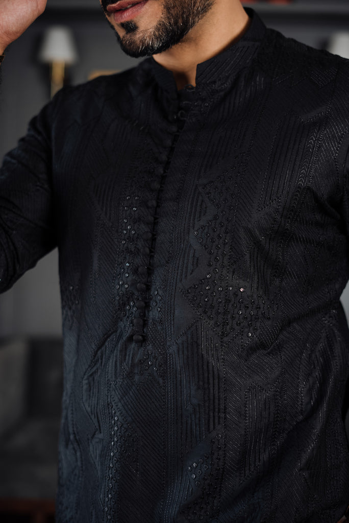 Black Beaded Self-Embossed Kurta Pajama (2-Piece) - Image 4