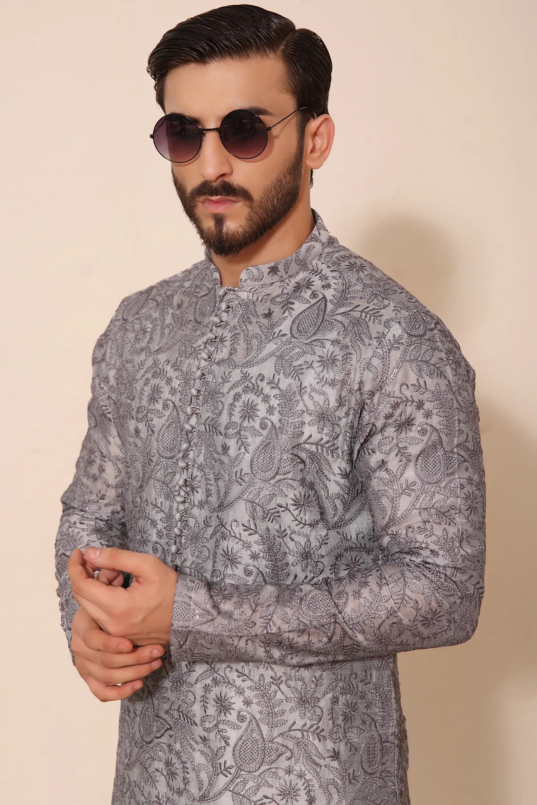 Black Charcoal Embroidered Cotton-Silk Kurta (2-Piece) - Image 1