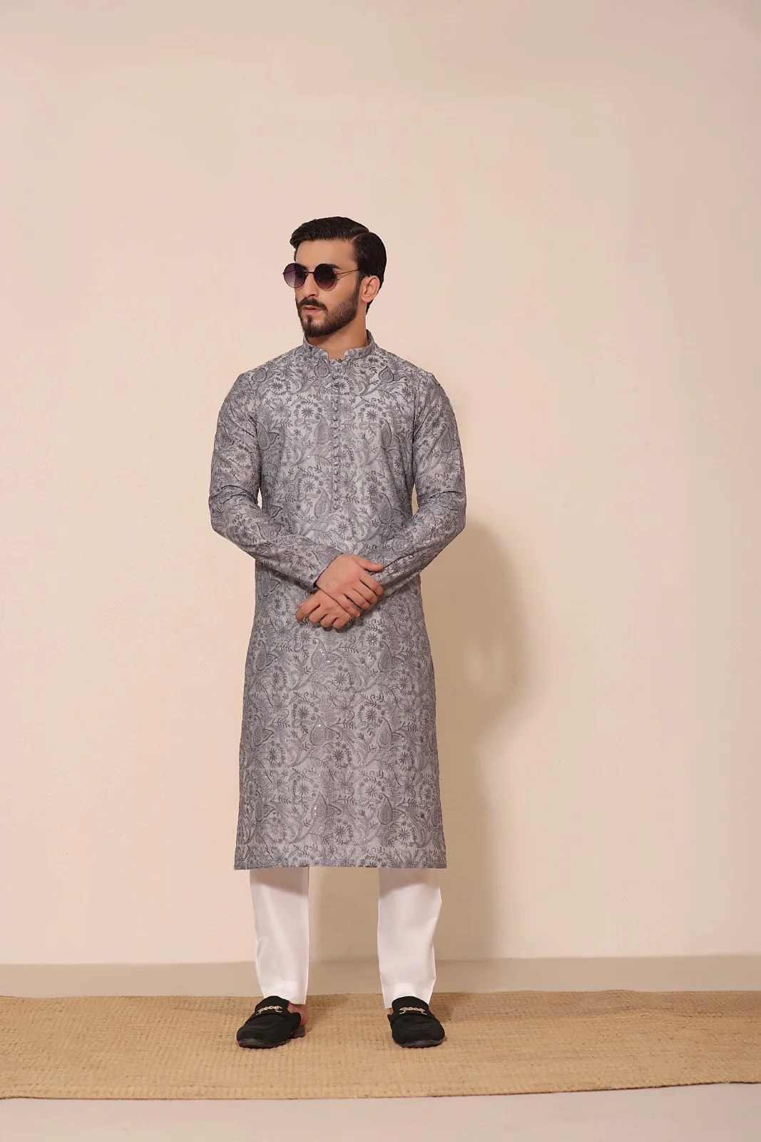 Black Charcoal Embroidered Cotton-Silk Kurta (2-Piece) - Image 2