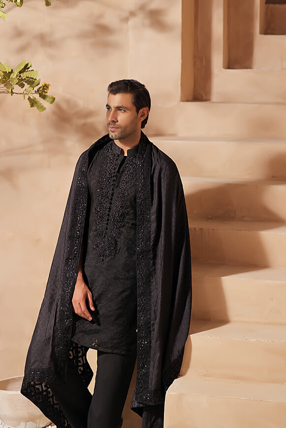 Black Embroidered Khaddi Cotton Kurta Set (3-Piece) - Image 10