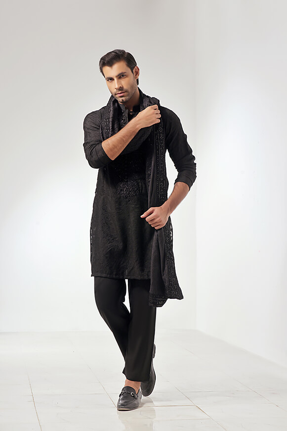 Black Embroidered Khaddi Cotton Kurta Set (3-Piece) - Image 2