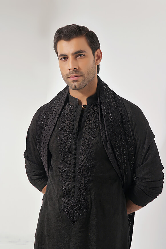 Black Embroidered Khaddi Cotton Kurta Set (3-Piece) - Image 3