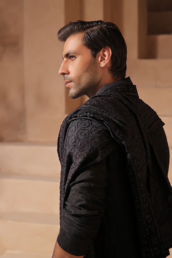 Black Embroidered Khaddi Cotton Kurta Set (3-Piece) - Image 6