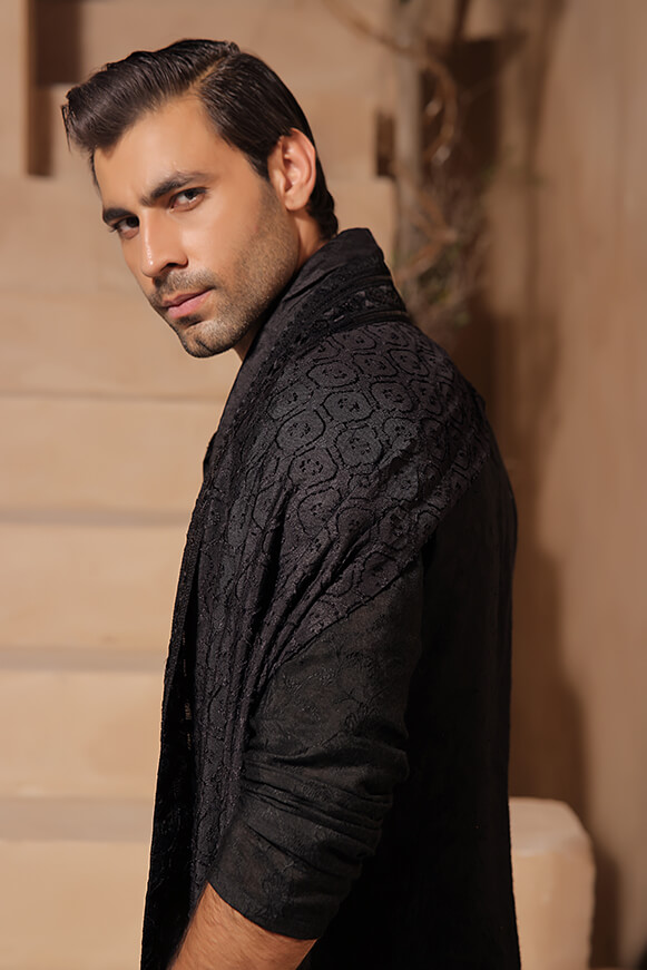 Black Embroidered Khaddi Cotton Kurta Set (3-Piece) - Image 7