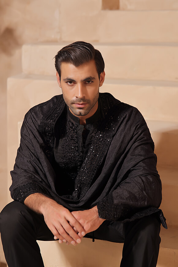 Black Embroidered Khaddi Cotton Kurta Set (3-Piece) - Image 8