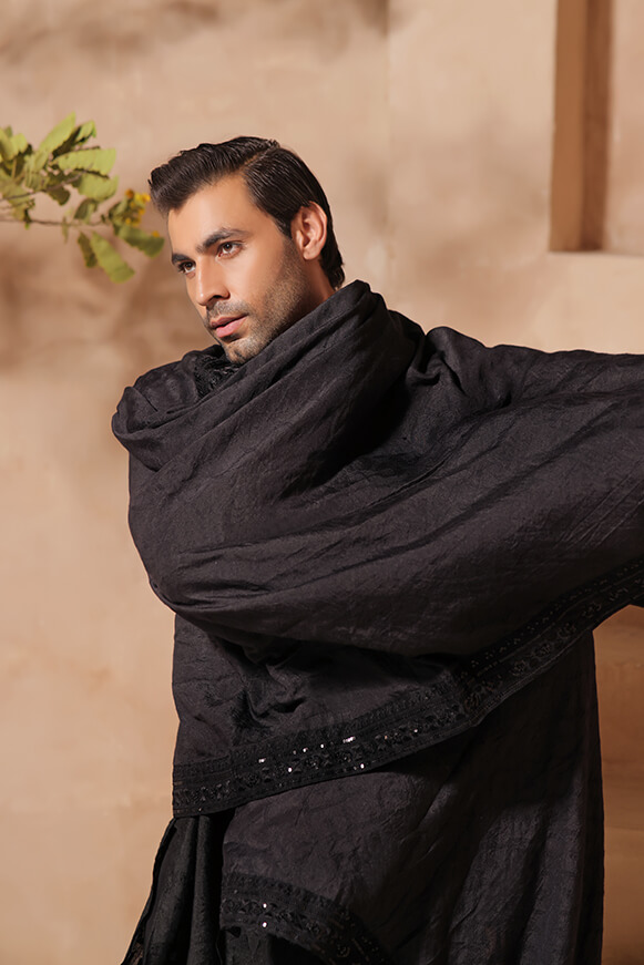 Black Embroidered Khaddi Cotton Kurta Set (3-Piece) - Image 9