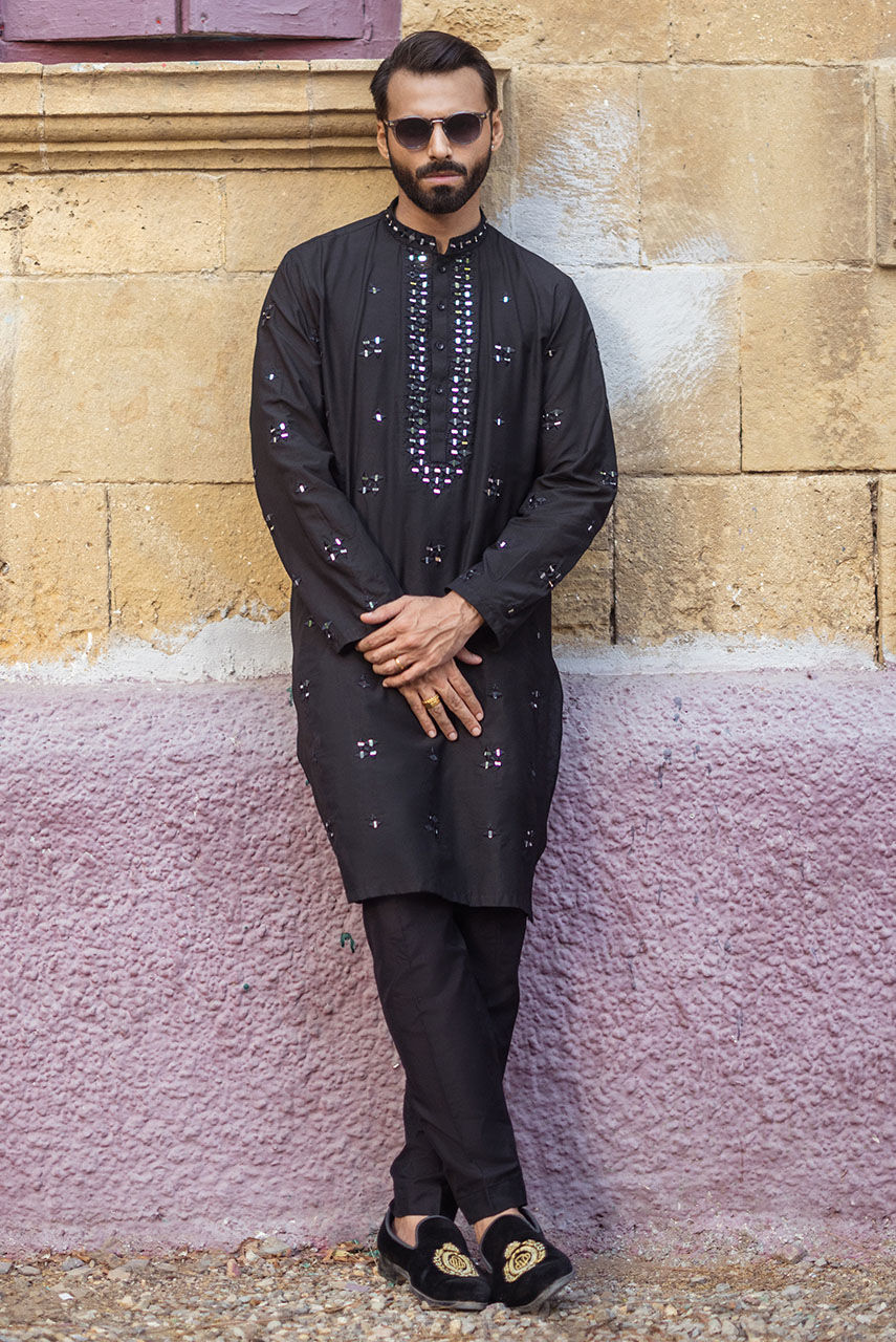 Black Mirror Work Khaddi Silk Kurta (2-Piece) - Image 1