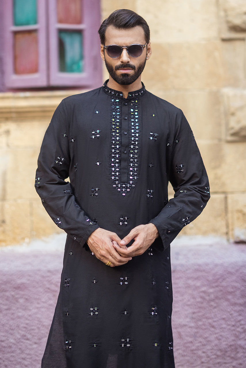 Black Mirror Work Khaddi Silk Kurta (2-Piece) - Image 2