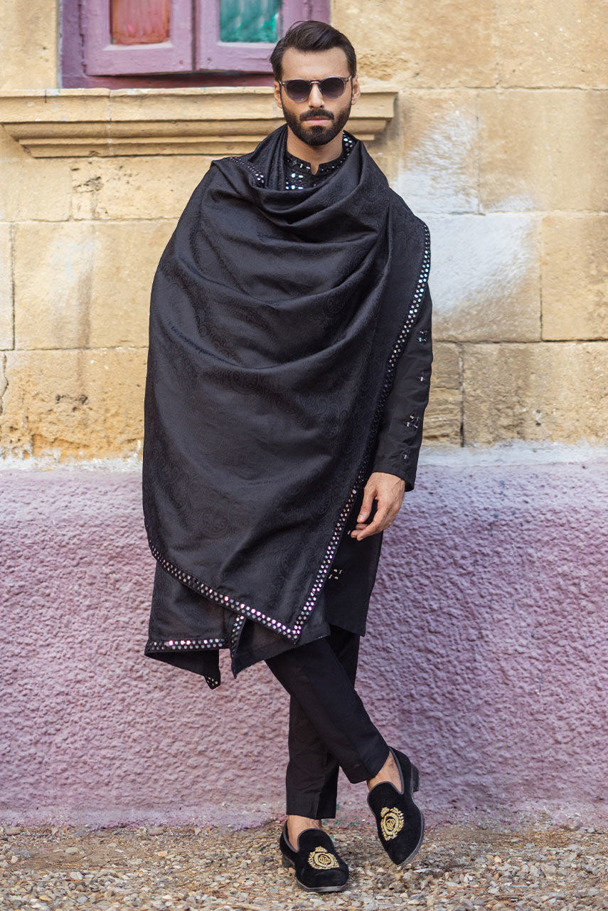 Black Mirror Work Khaddi Silk Kurta (2-Piece) - Image 3