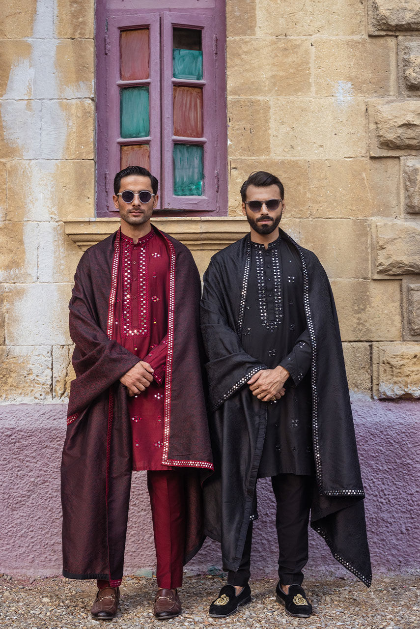 Black Mirror Work Khaddi Silk Kurta (2-Piece) - Image 5