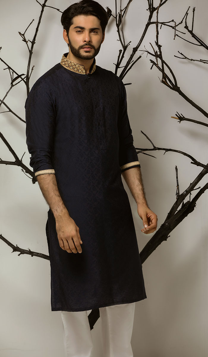 Black Kora Embroidered Mixed Fabric Kurta (2-Piece) - Image 1