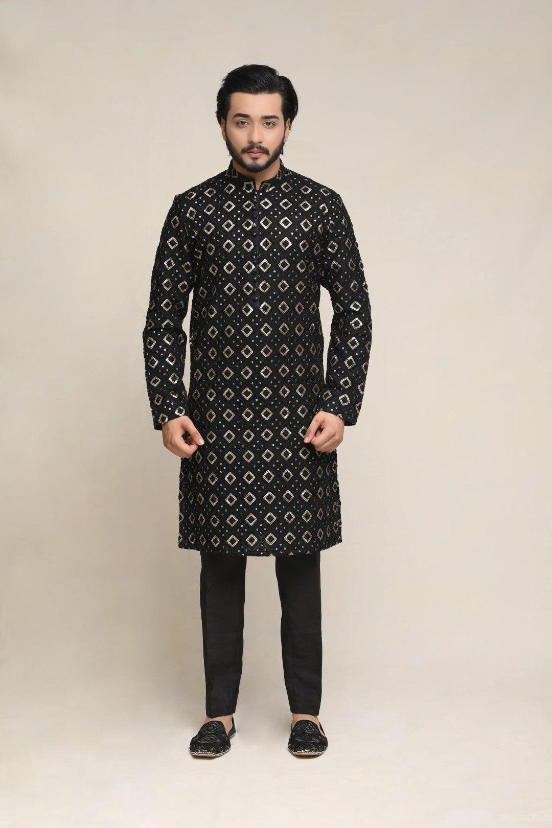 Black Sequin Embroidered Net Kurta (2-Piece) - Image 1