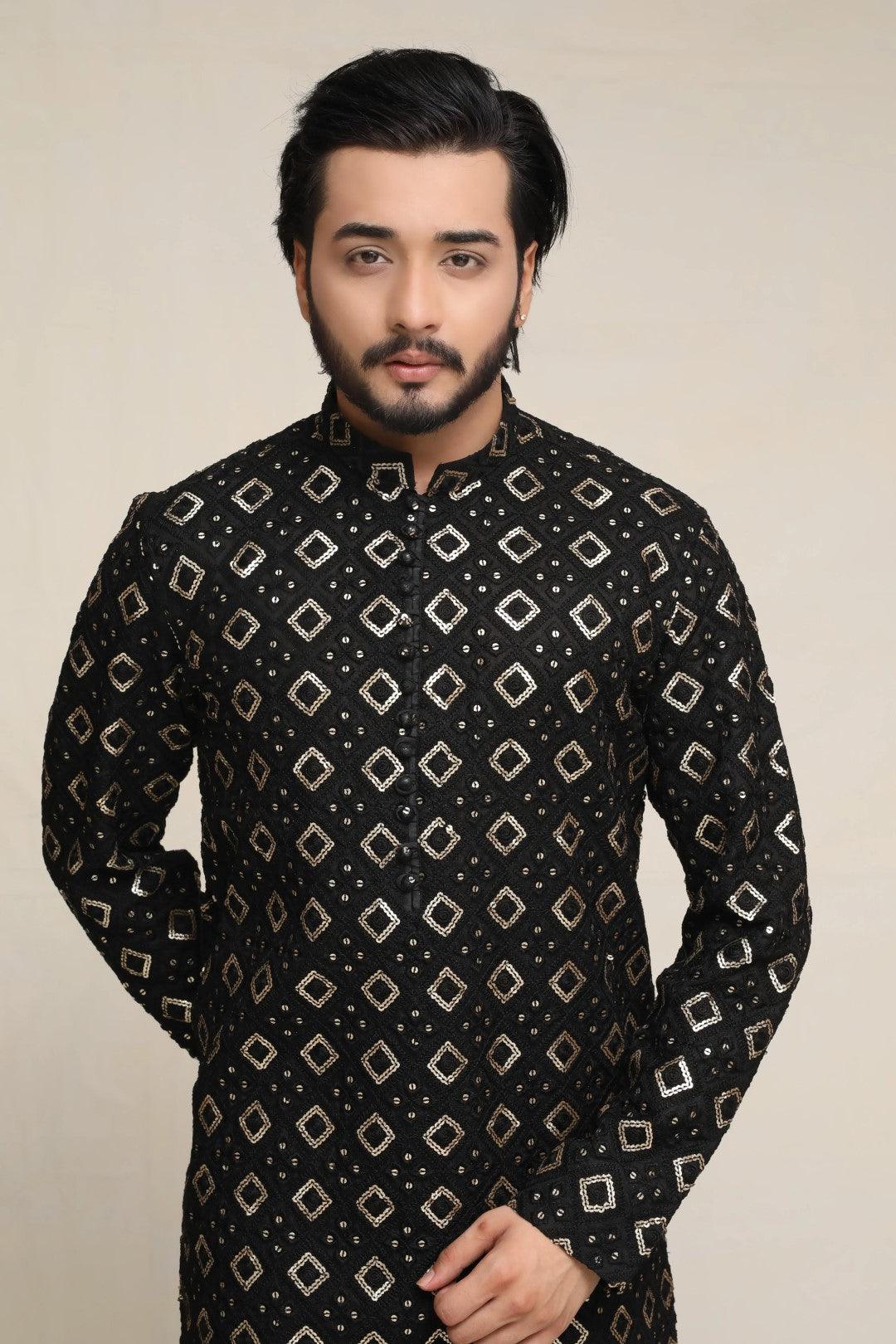 Black Sequin Embroidered Net Kurta (2-Piece) - Image 2