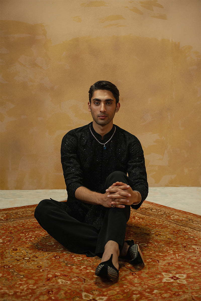 Black Sequinned Embroidered Kurta Pajama Set (2-Piece) - Image 10