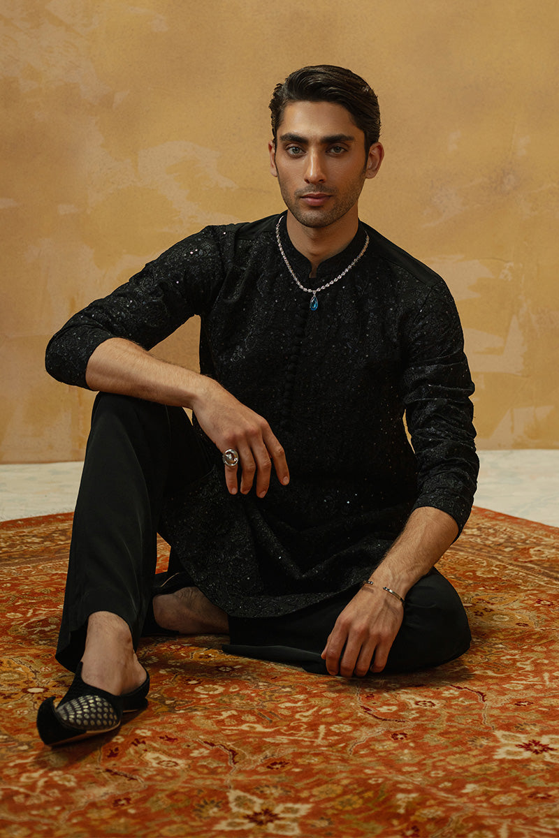 Black Sequinned Embroidered Kurta Pajama Set (2-Piece) - Image 6