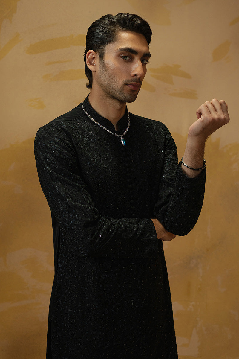 Black Sequinned Embroidered Kurta Pajama Set (2-Piece) - Image 7