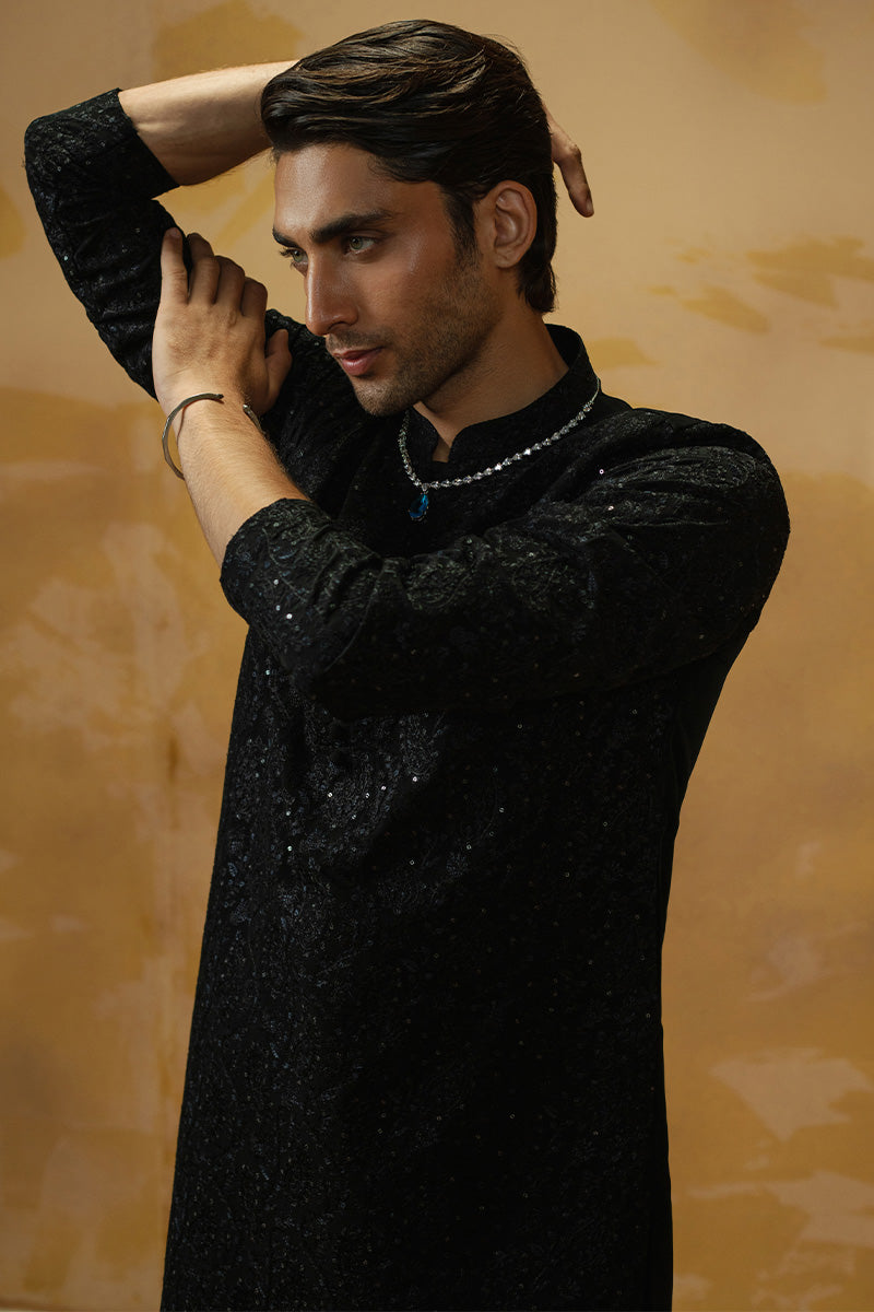 Black Sequinned Embroidered Kurta Pajama Set (2-Piece) - Image 9