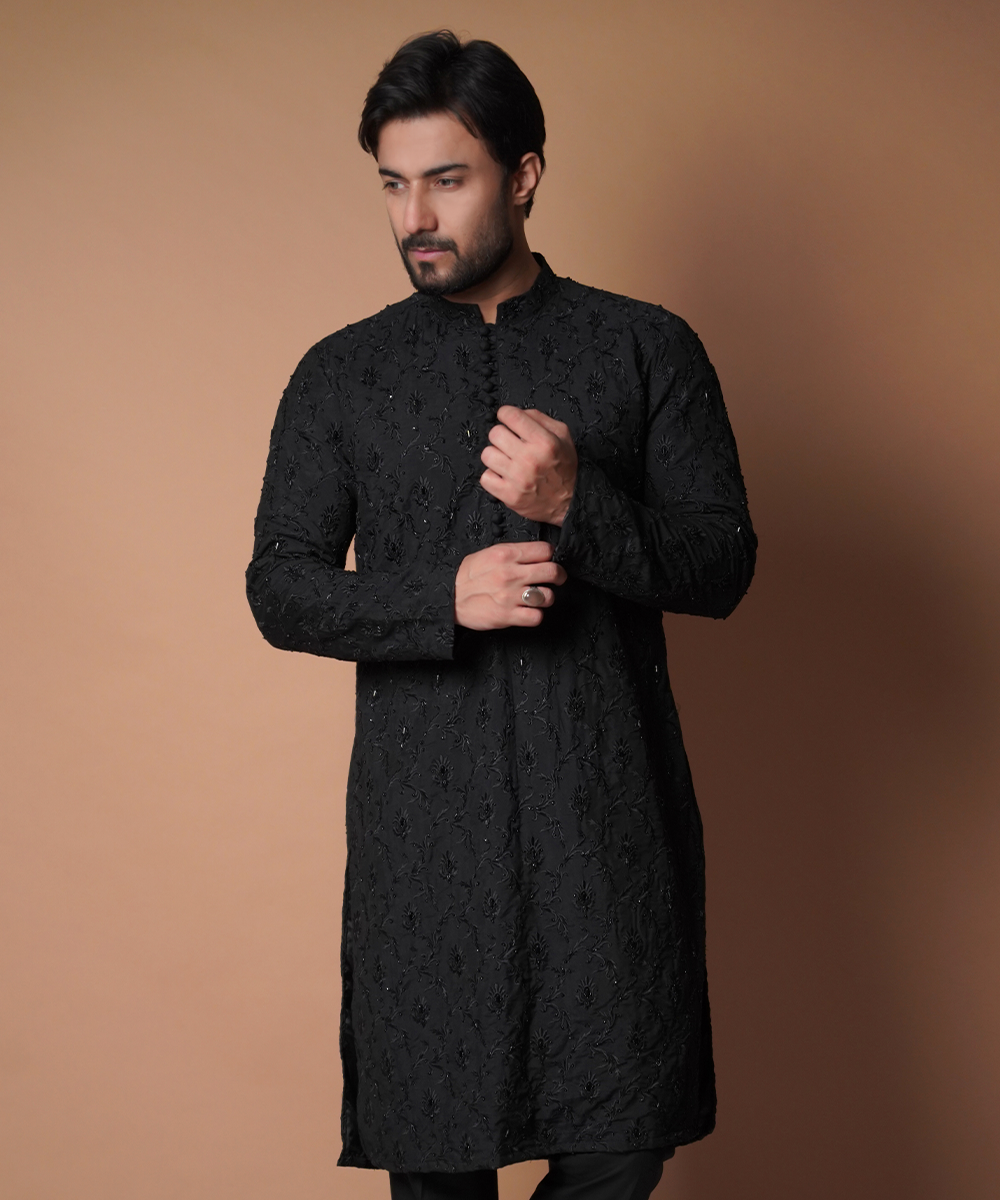 Jet Black Hand-Embroidered Kurta with Pants (2-Piece) - Image 2