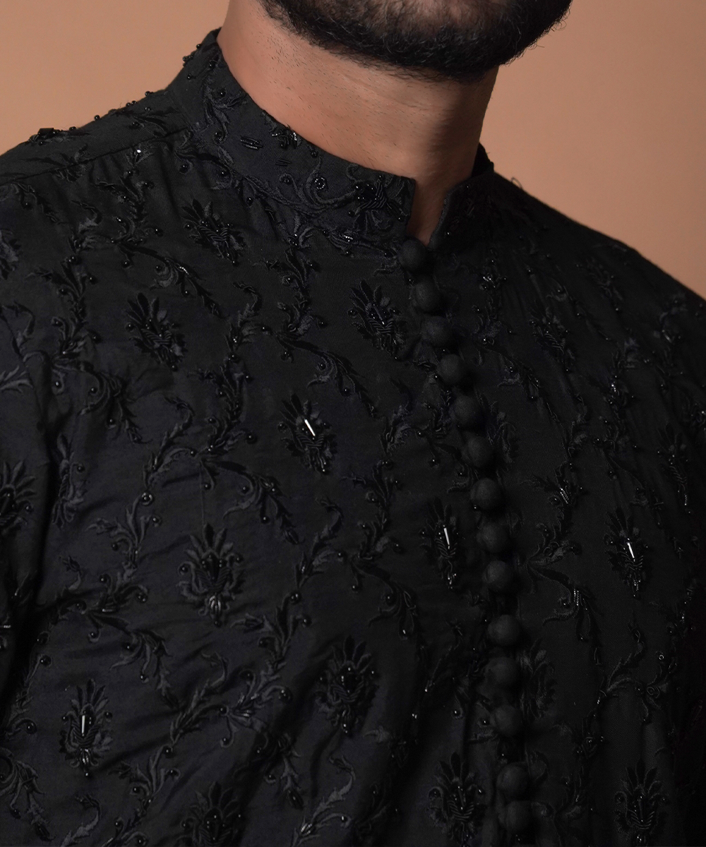 Jet Black Hand-Embroidered Kurta with Pants (2-Piece) - Image 3