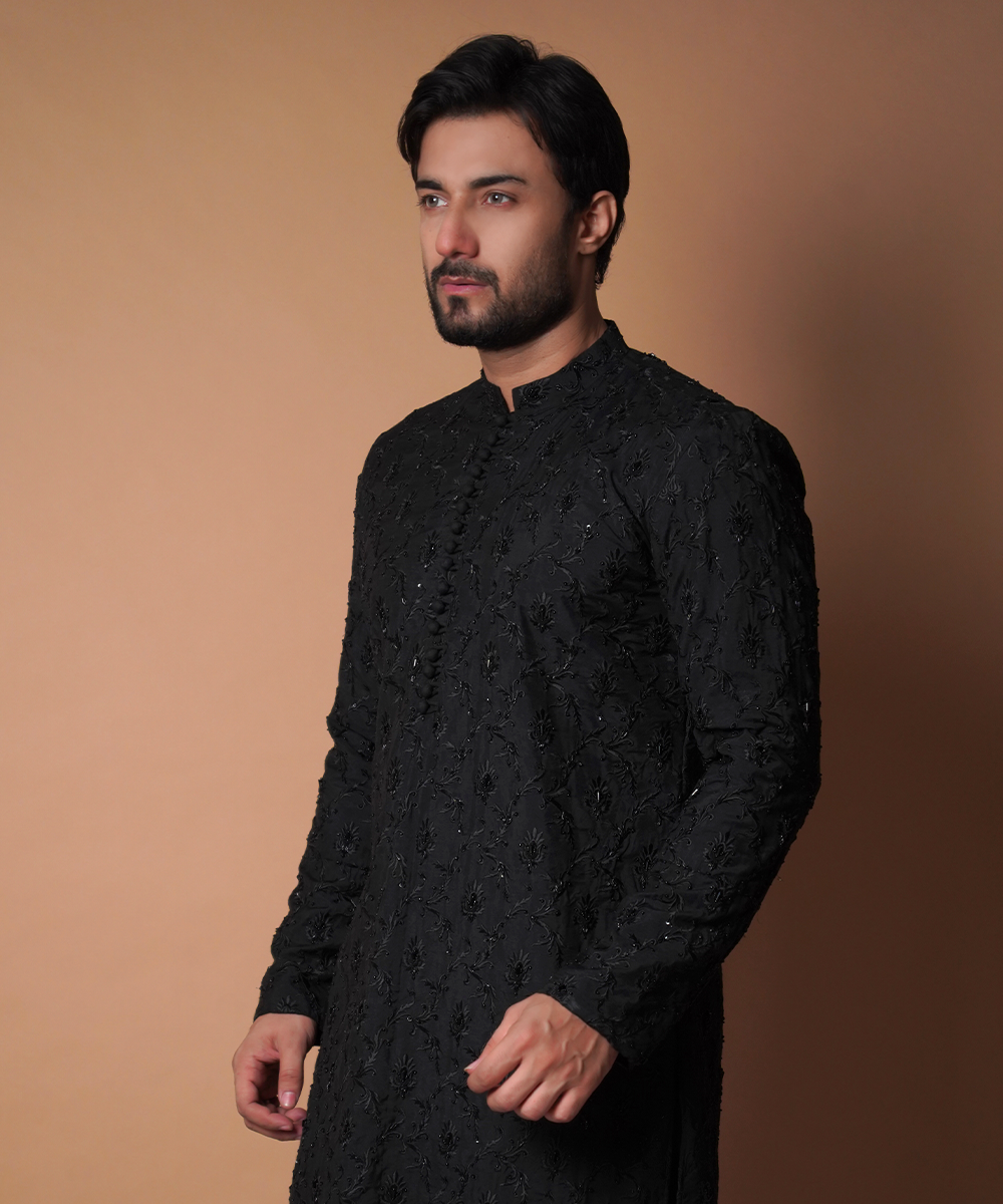Jet Black Hand-Embroidered Kurta with Pants (2-Piece) - Image 4
