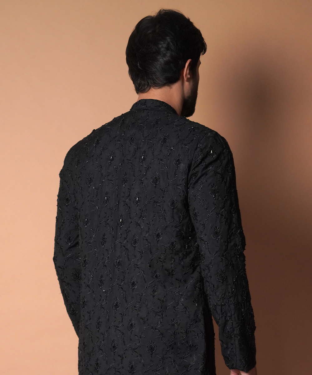 Jet Black Hand-Embroidered Kurta with Pants (2-Piece) - Image 5