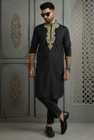 Black Kora Dabka Embroidered Raw Silk Kurta Pajama (2-Piece) - Image 2