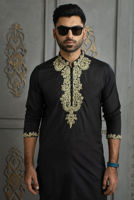 Black Kora Dabka Embroidered Raw Silk Kurta Pajama (2-Piece) - Image 3