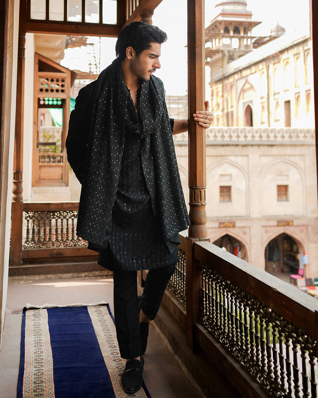 Black Embroidered Korean Raw Silk Kurta Set (3-Piece) - Image 1