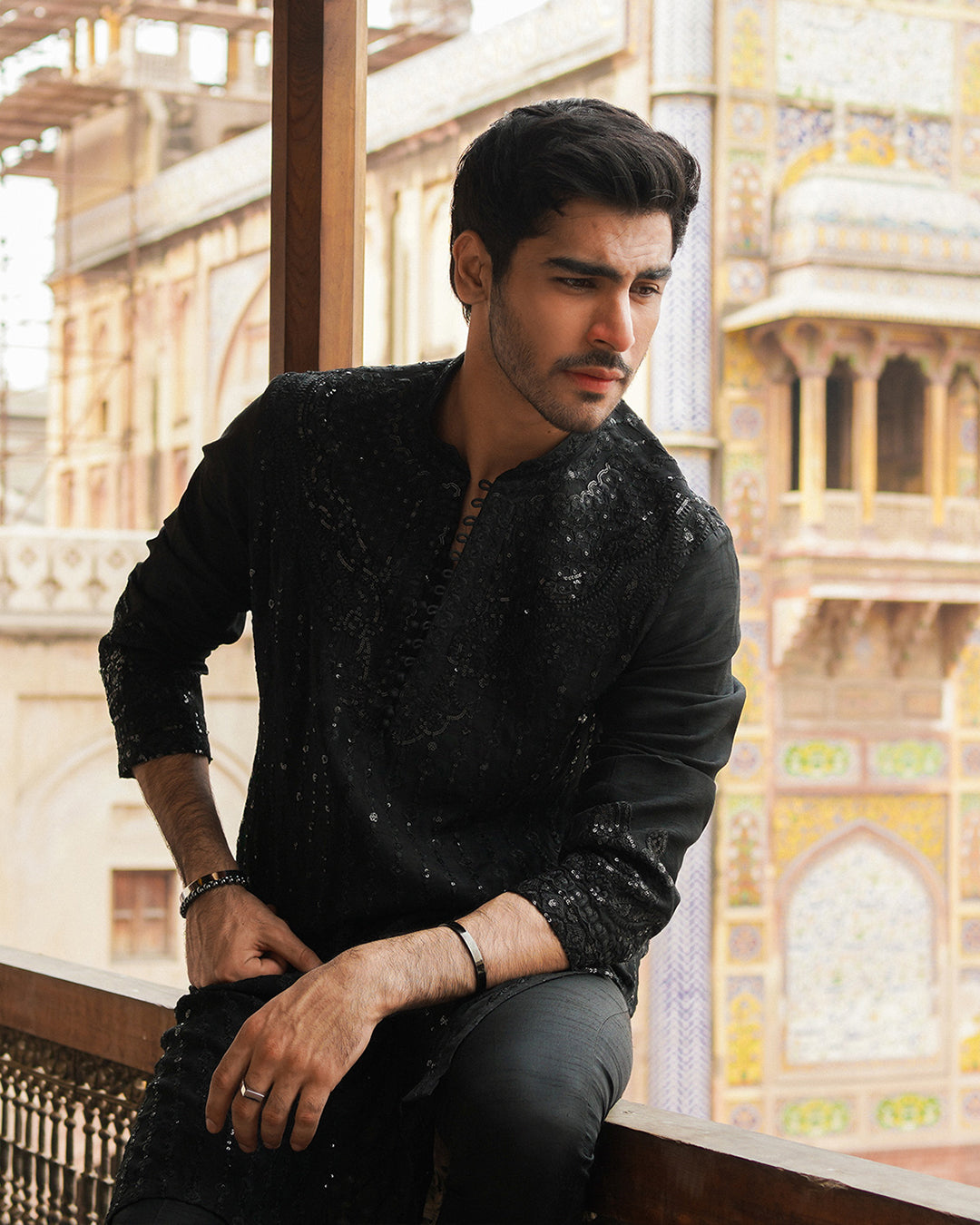 Black Embroidered Korean Raw Silk Kurta Set (3-Piece) - Image 2