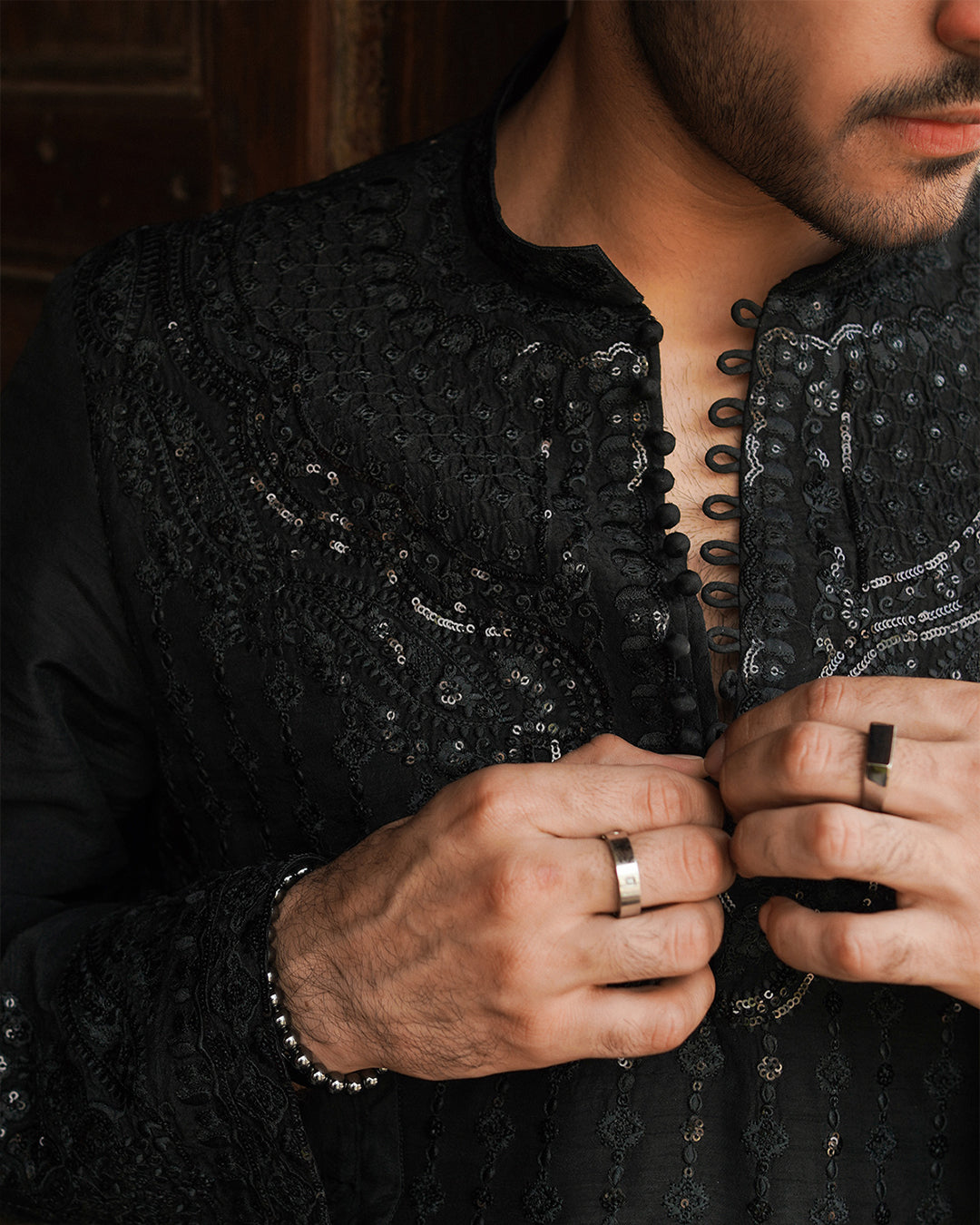 Black Embroidered Korean Raw Silk Kurta Set (3-Piece) - Image 3