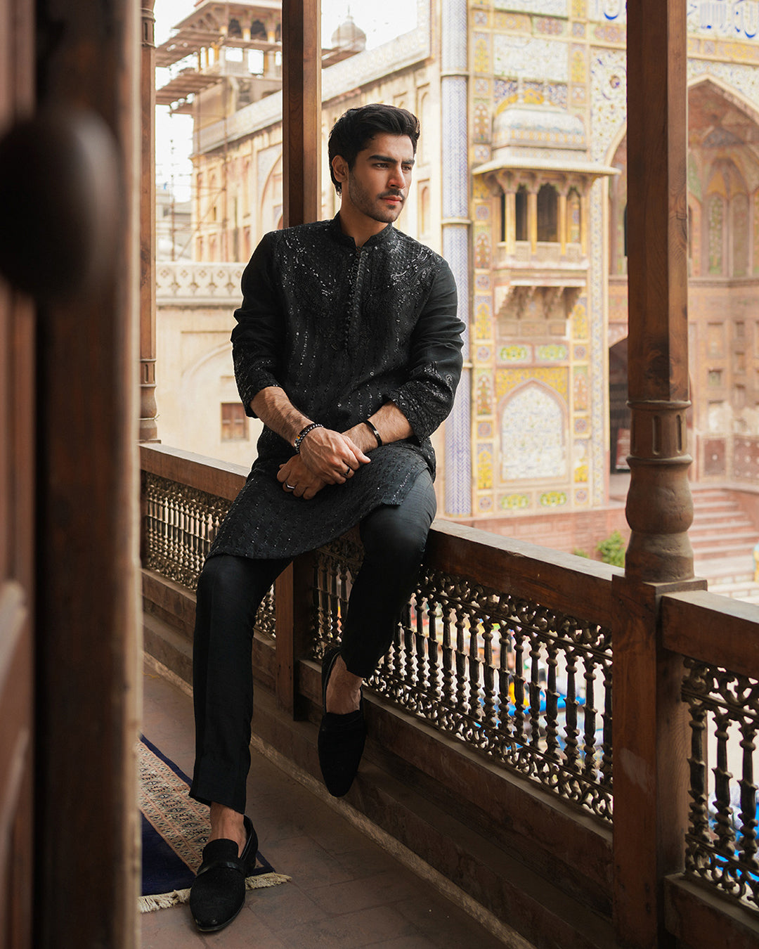 Black Embroidered Korean Raw Silk Kurta Set (3-Piece) - Image 4