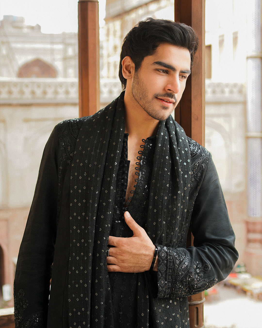 Black Embroidered Korean Raw Silk Kurta Set (3-Piece) - Image 5