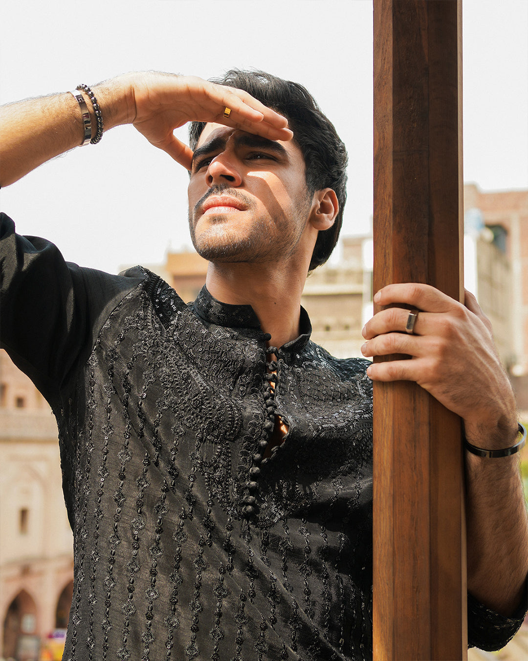 Black Embroidered Korean Raw Silk Kurta Set (3-Piece) - Image 6