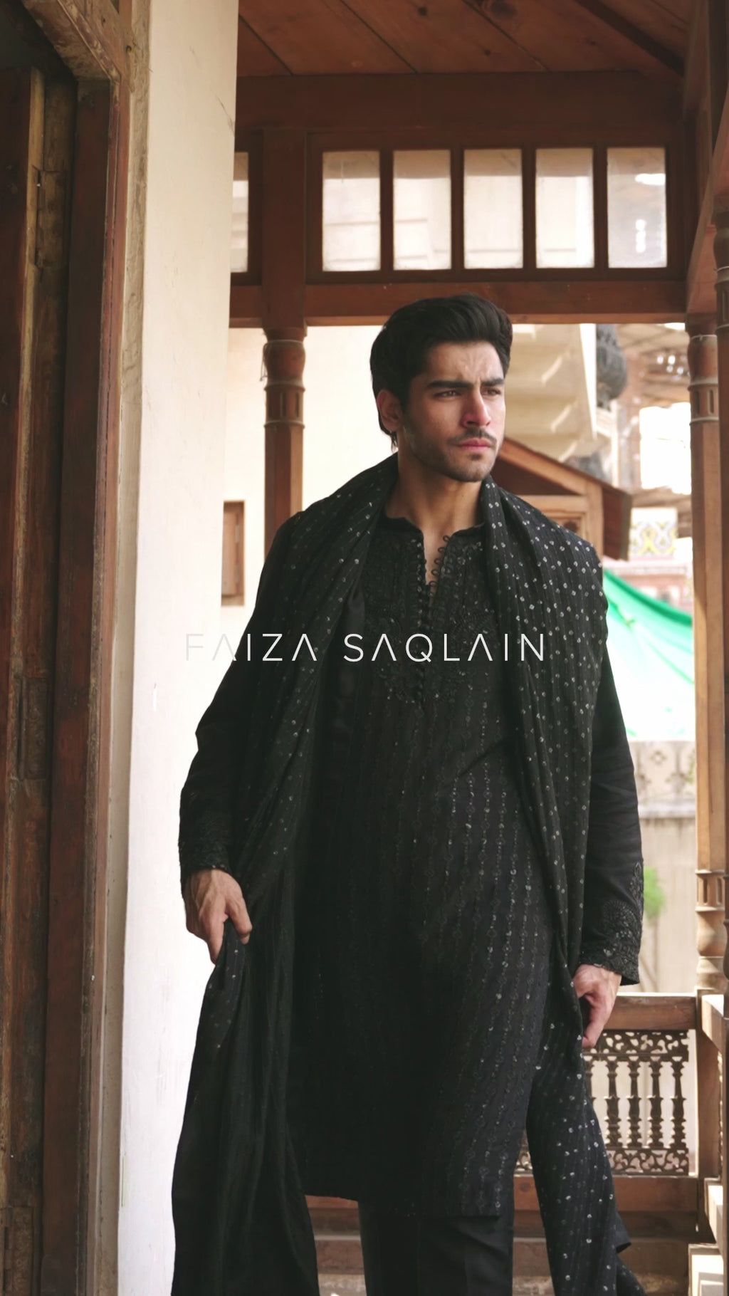 Black Embroidered Korean Raw Silk Kurta Set (3-Piece) - Image 7