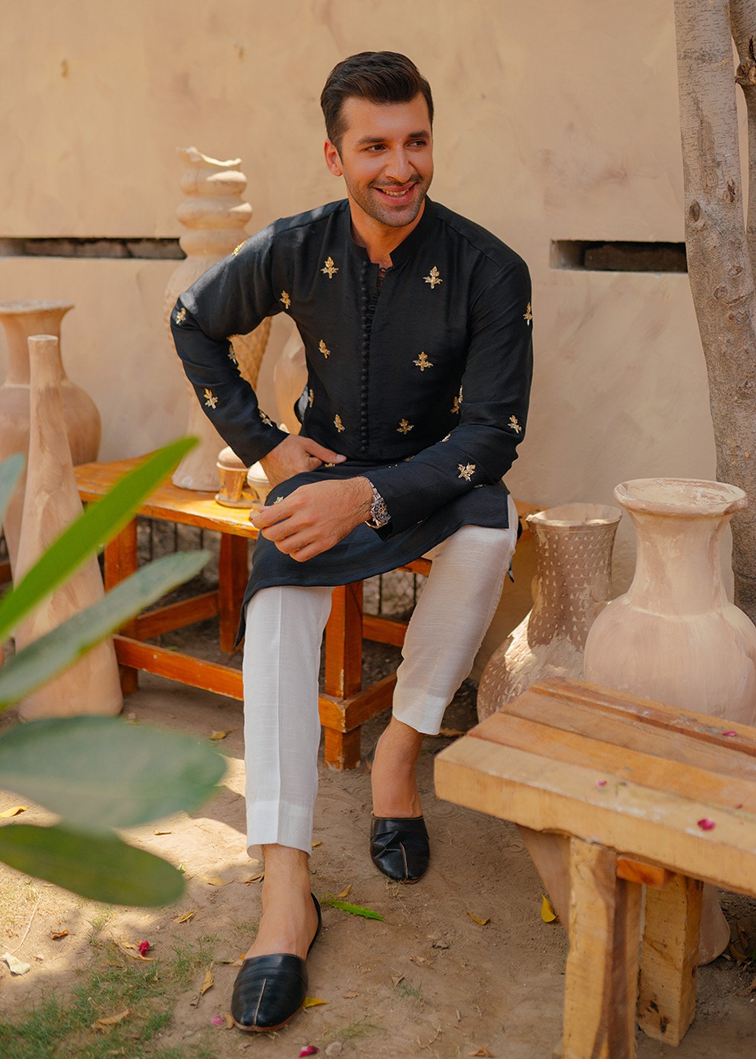 Black Handcrafted Floral Korean Raw Silk Kurta (2-Piece) - Image 2