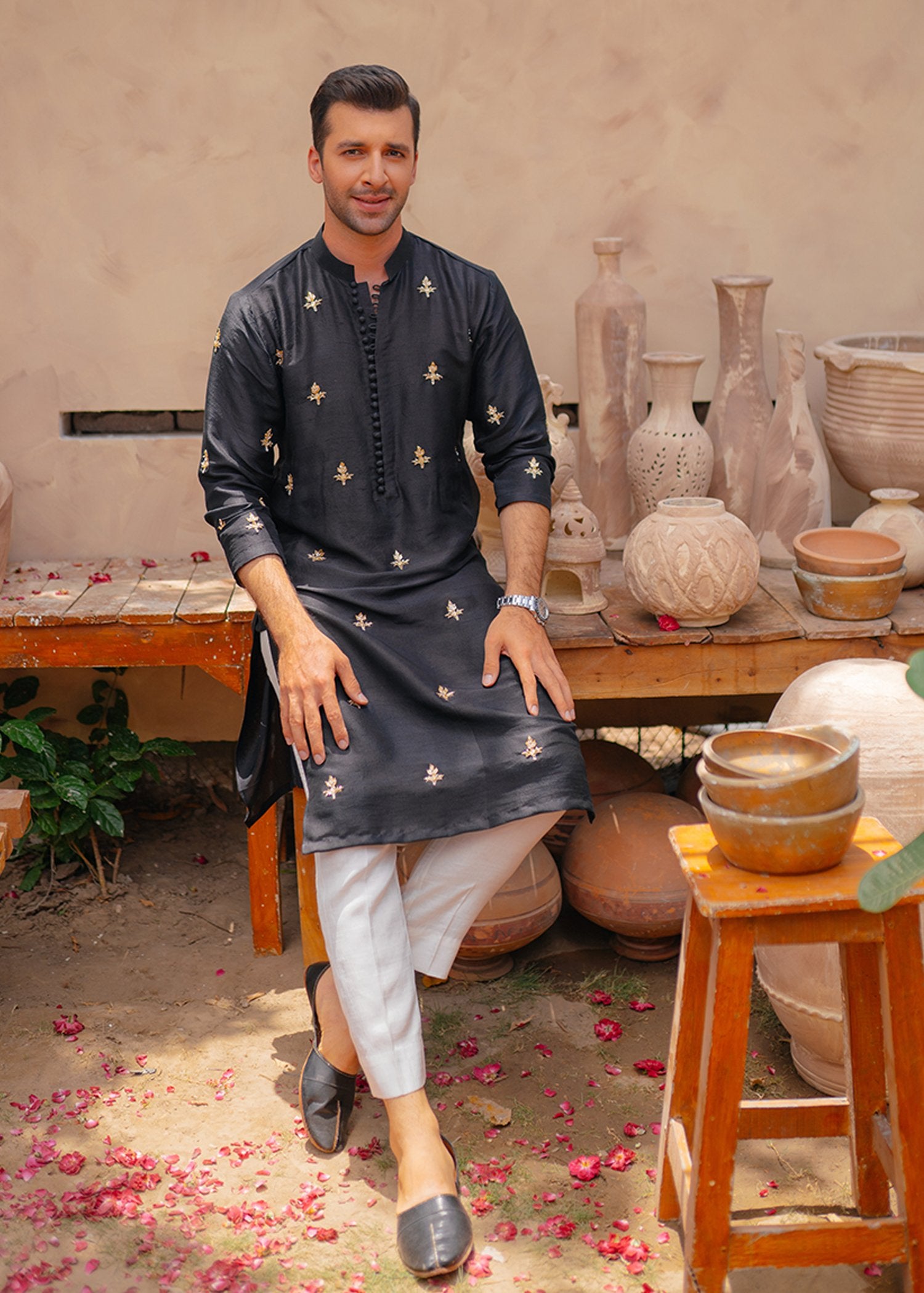 Black Handcrafted Floral Korean Raw Silk Kurta (2-Piece) - Image 3