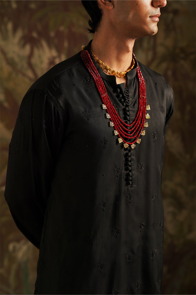 Carbon Black Embroidered Silk-Blend Kurta Pajama (2-Piece) - Image 3