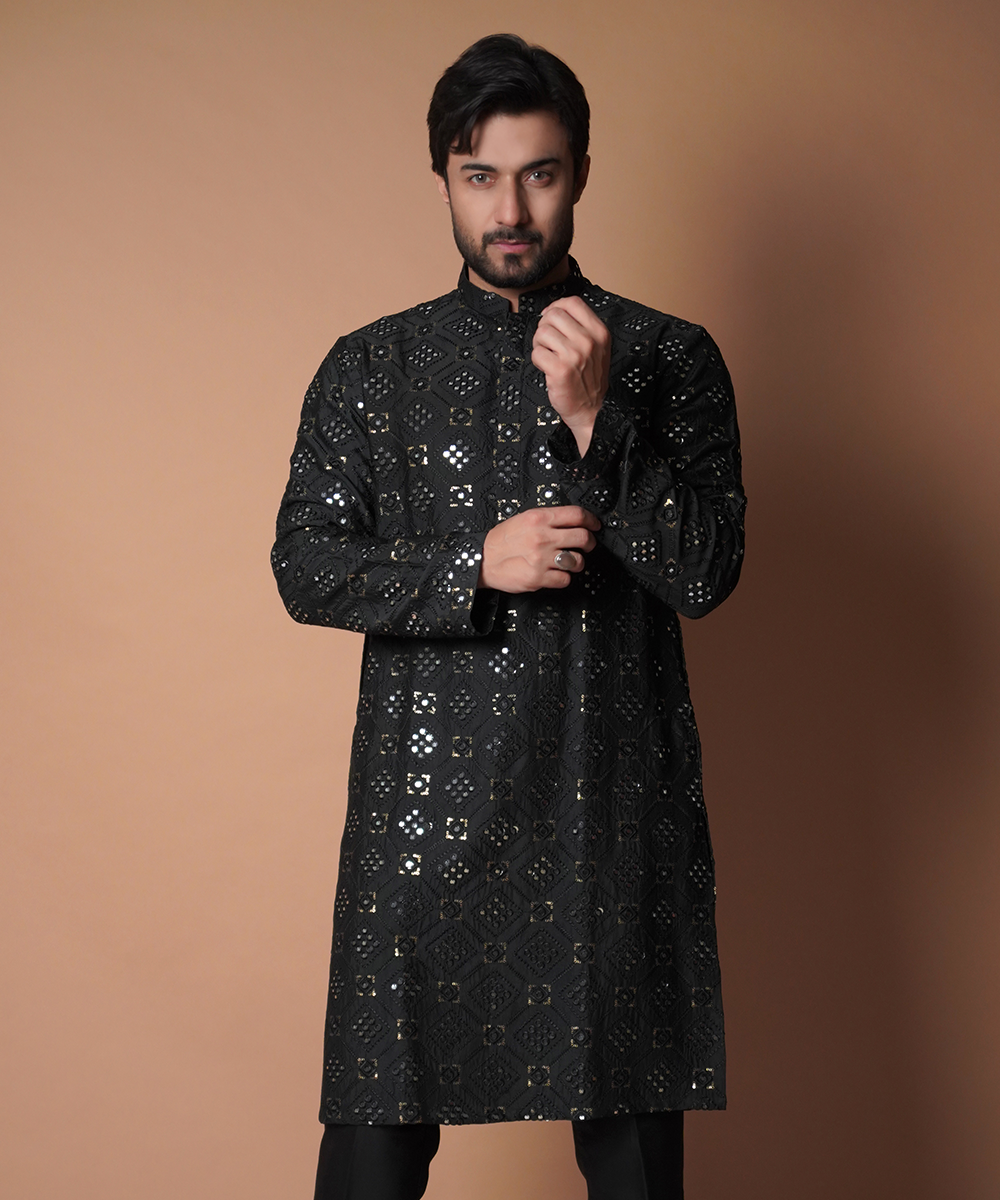 Jet Black Resham & Mirror Work Silk-Blend Kurta (2-Piece) - Image 1
