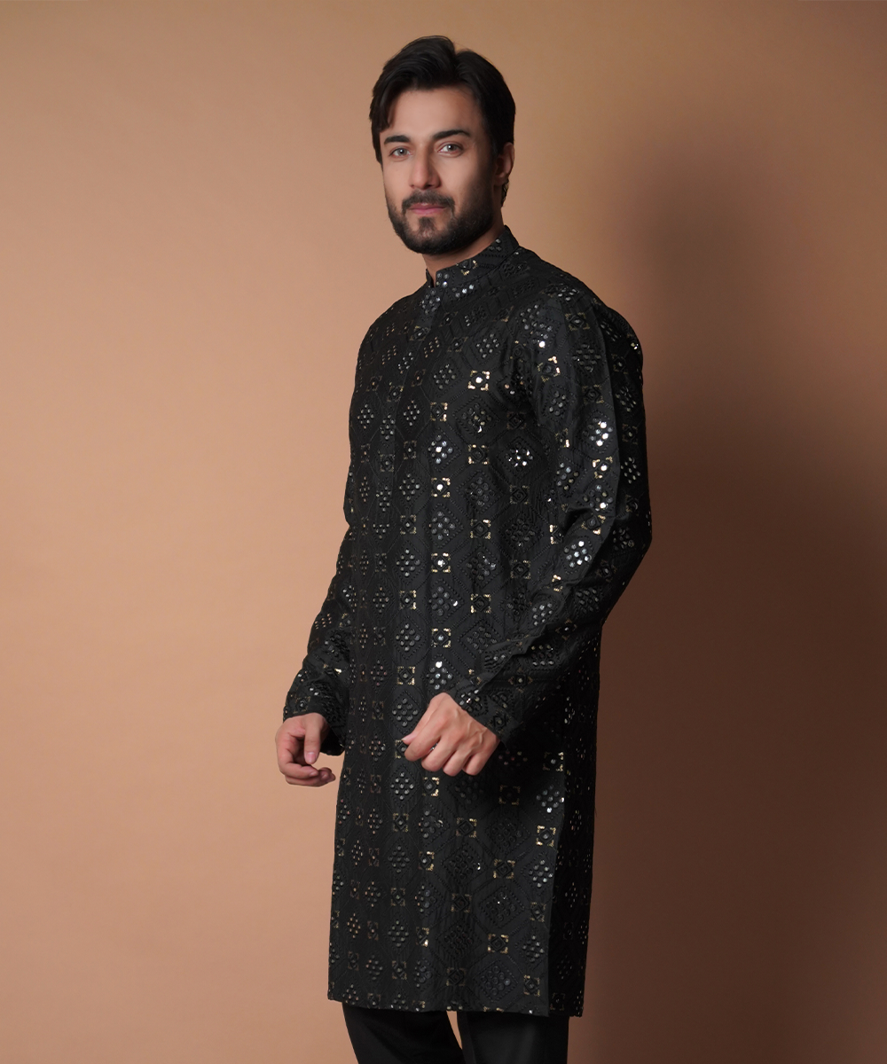 Jet Black Resham & Mirror Work Silk-Blend Kurta (2-Piece) - Image 2
