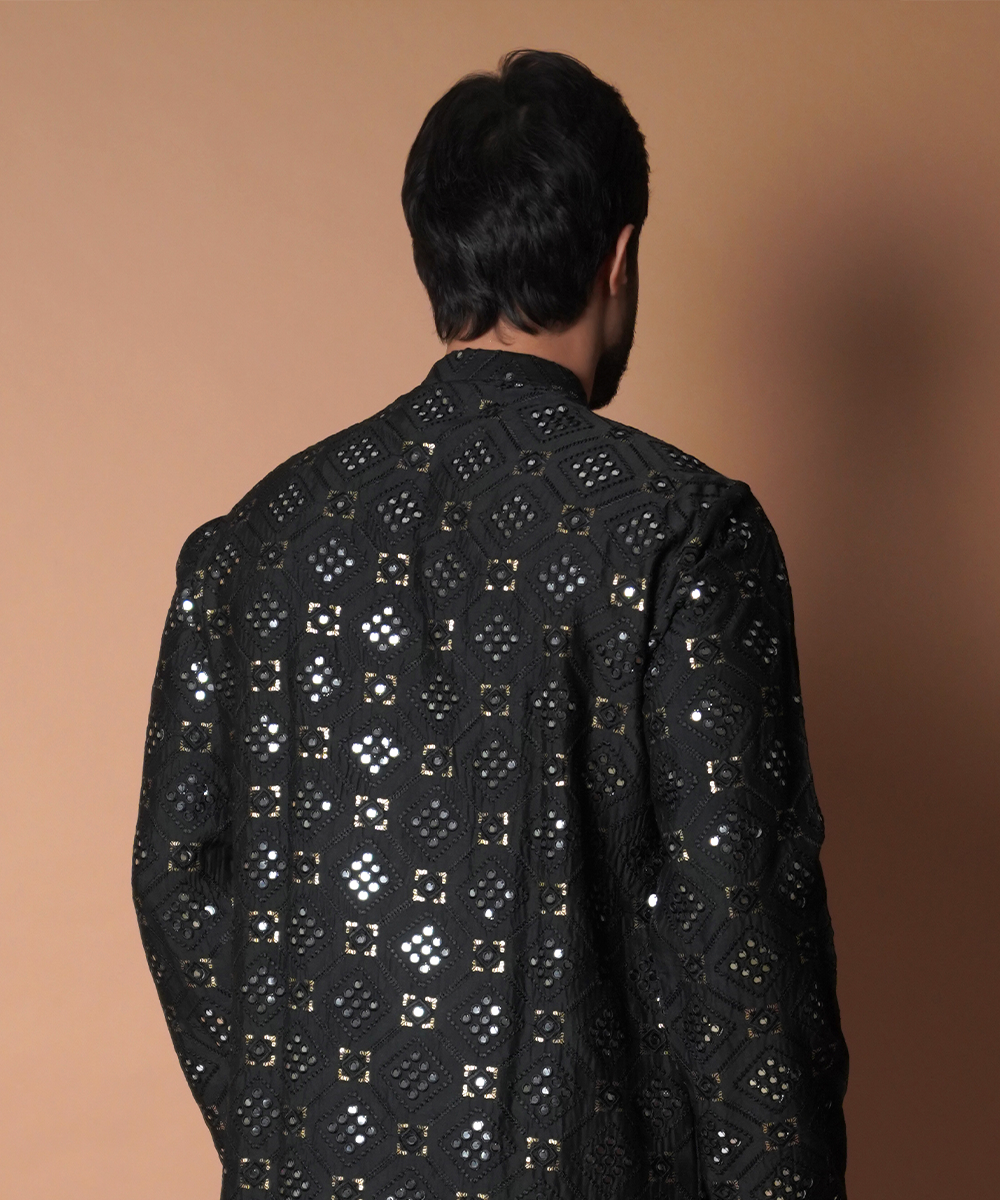 Jet Black Resham & Mirror Work Silk-Blend Kurta (2-Piece) - Image 5