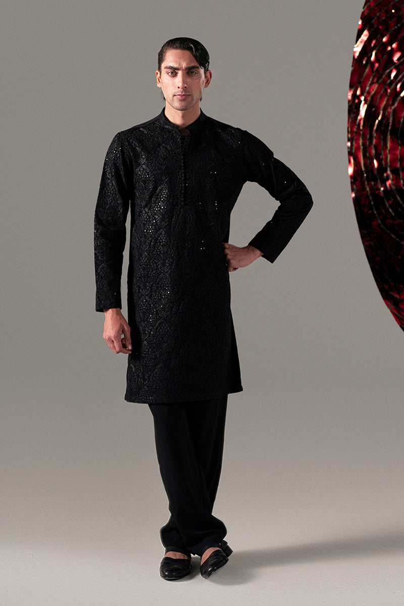 Black Sequinned Silk-Blend Paisley Kurta Pajama (2-Piece) - Image 1