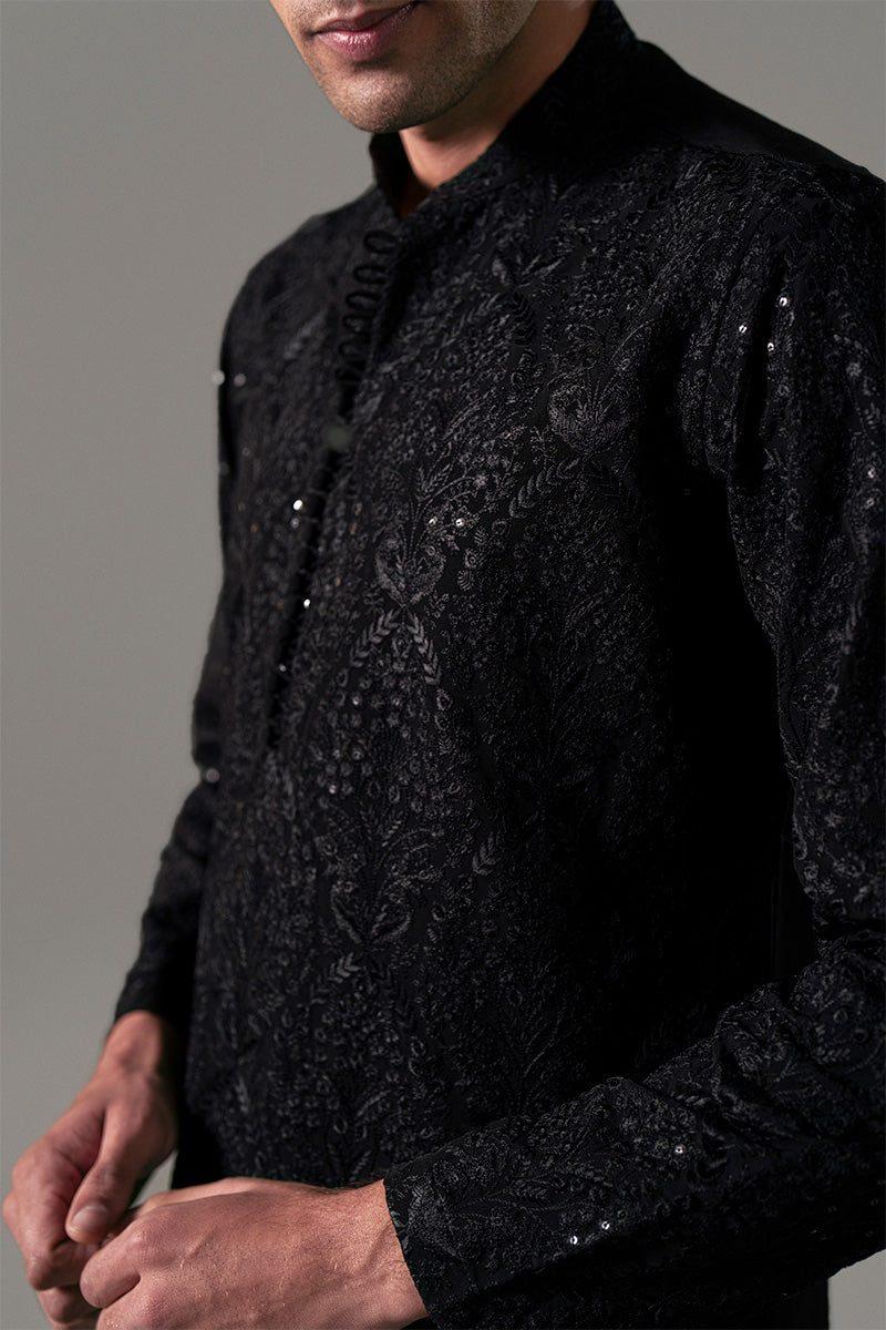 Black Sequinned Silk-Blend Paisley Kurta Pajama (2-Piece) - Image 5
