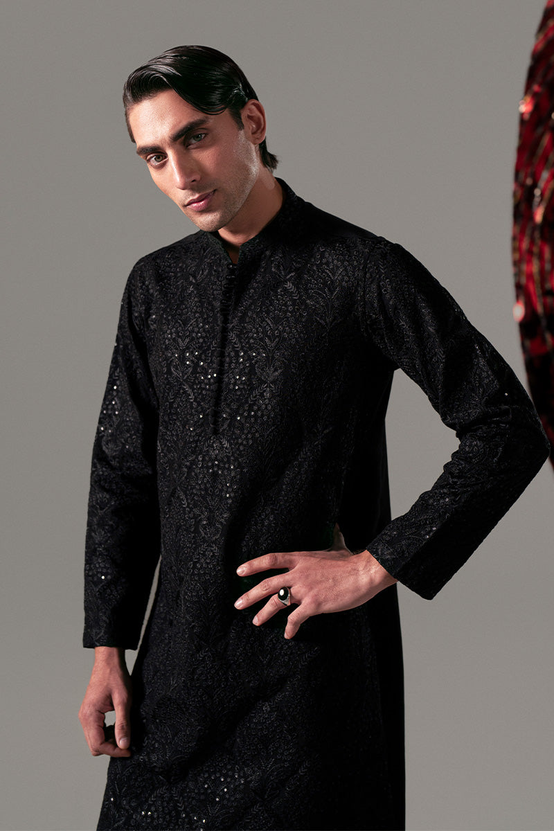 Black Sequinned Silk-Blend Paisley Kurta Pajama (2-Piece) - Image 7