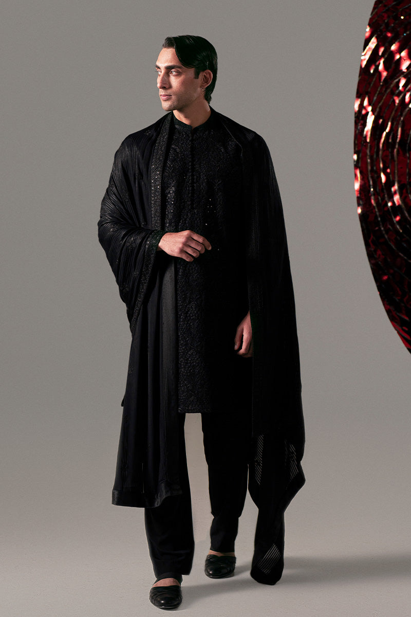 Black Embroidered Silk-Chiffon Men’s Kurta (2-Piece) - Image 1