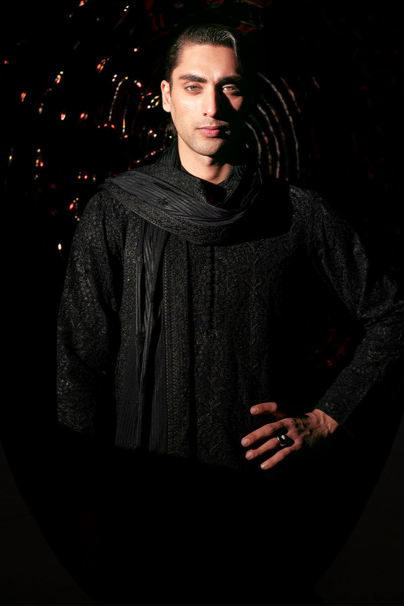 Black Embroidered Silk-Chiffon Men’s Kurta (2-Piece) - Image 2