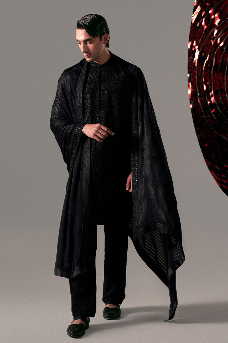 Black Embroidered Silk-Chiffon Men’s Kurta (2-Piece) - Image 3