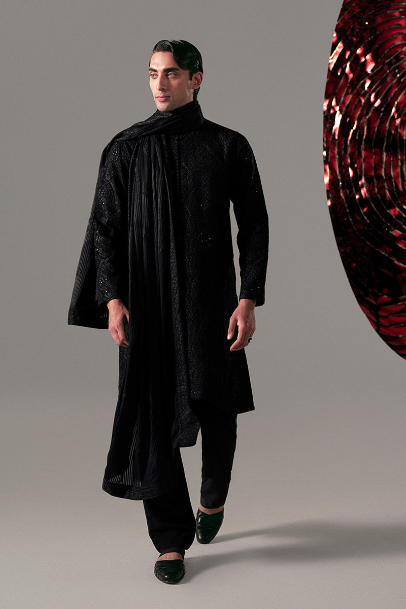 Black Embroidered Silk-Chiffon Men’s Kurta (2-Piece) - Image 5