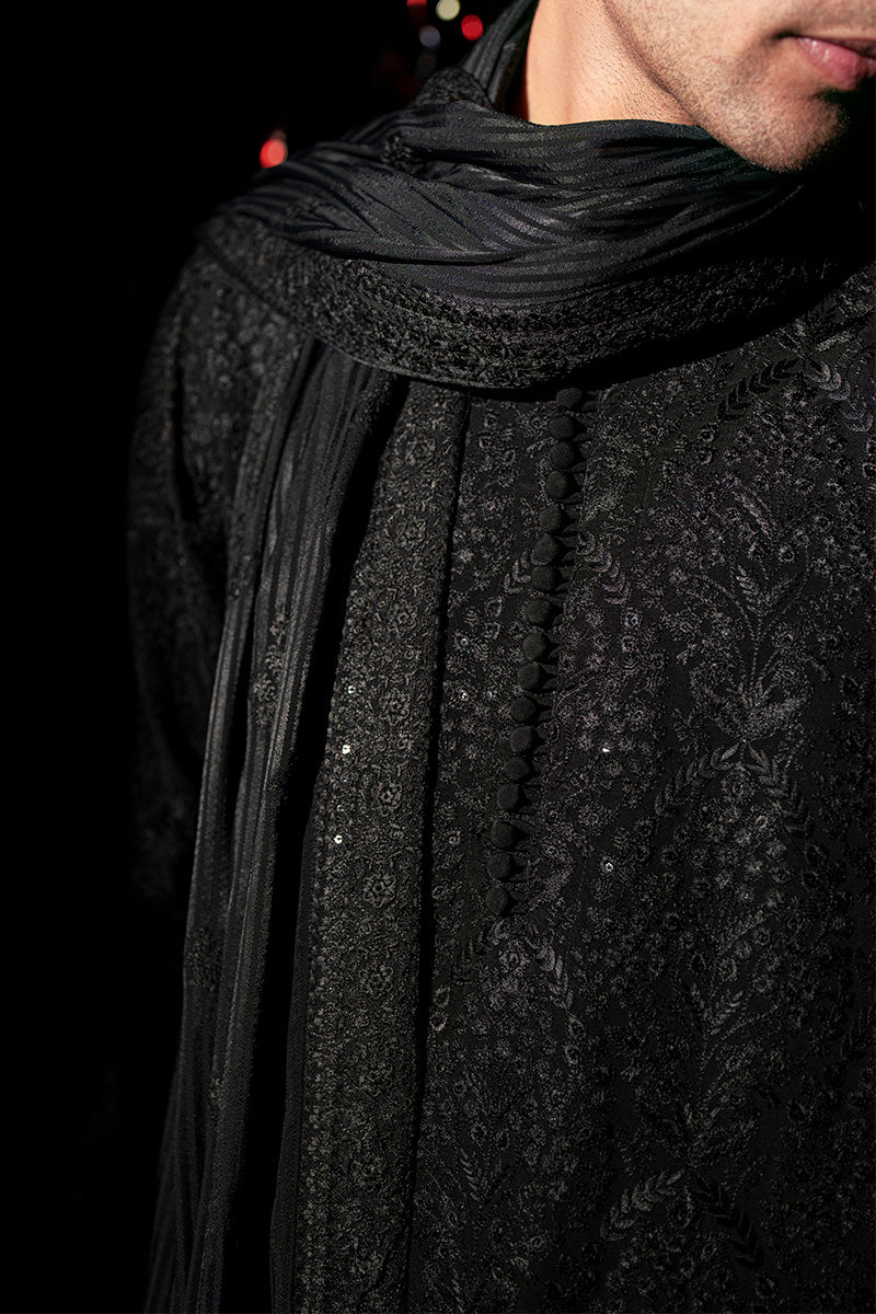 Black Embroidered Silk-Chiffon Men’s Kurta (2-Piece) - Image 7