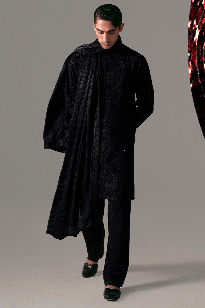 Black Embroidered Silk-Chiffon Men’s Kurta (2-Piece) - Image 8