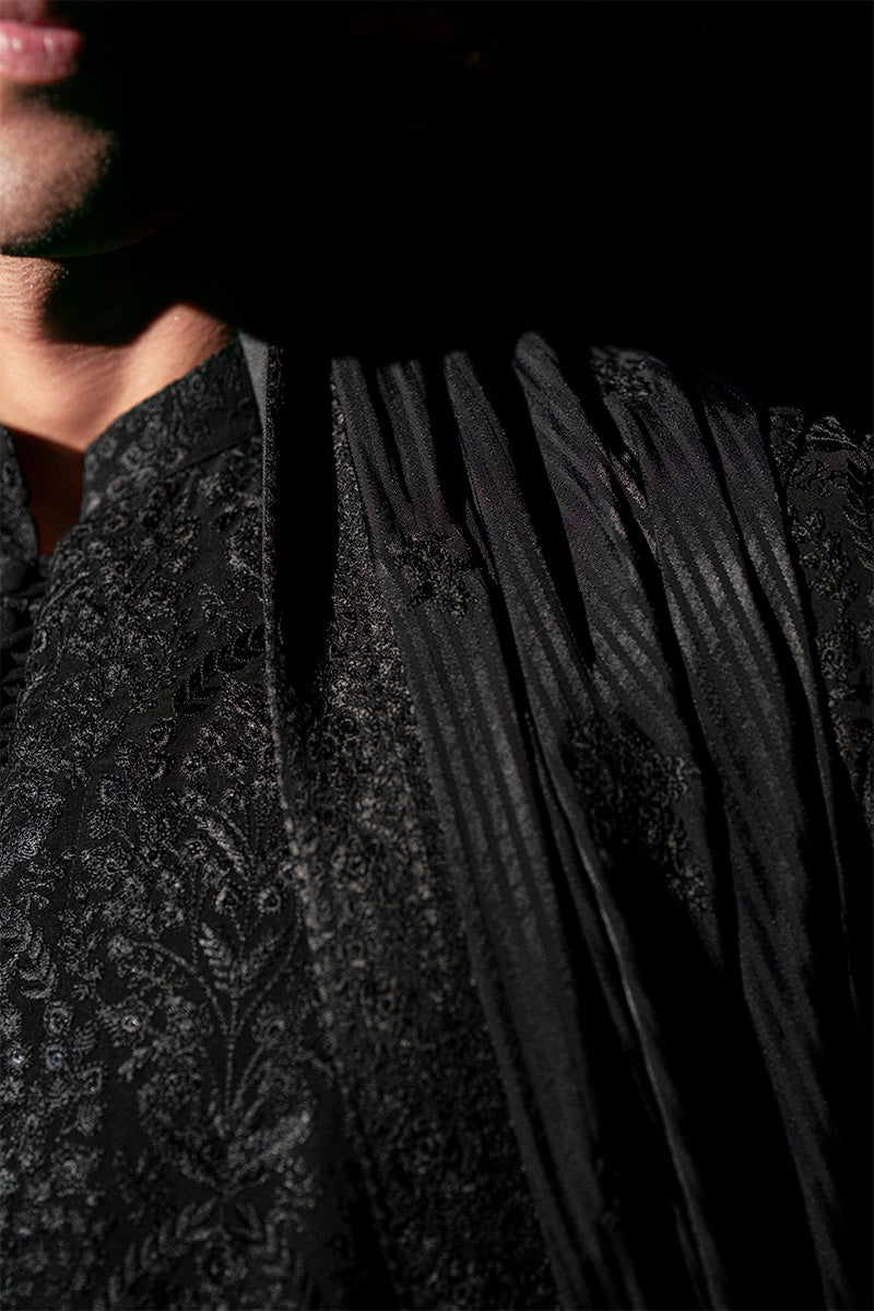 Black Embroidered Silk-Chiffon Men’s Kurta (2-Piece) - Image 9